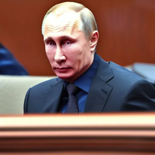 Prompt: Putin arrested in courtroom, 4k ultra realistic, hyper realistic, ultra detailed, real photo,