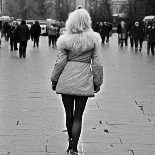 Prompt: a blonde girl walking the streets of moscow in 1 9 8 0