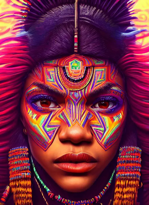 Image similar to portrait of zendaya, hyper detailed ultra sharp aztec shaman warrior. trending on artstation, warpaint aesthetic, bloodwave, colorful, psychedelic, ornate, intricate, digital painting, concept art, smooth, sharp focus, illustration, art by artgerm and greg rutkowski and h. r. giger, 8 k