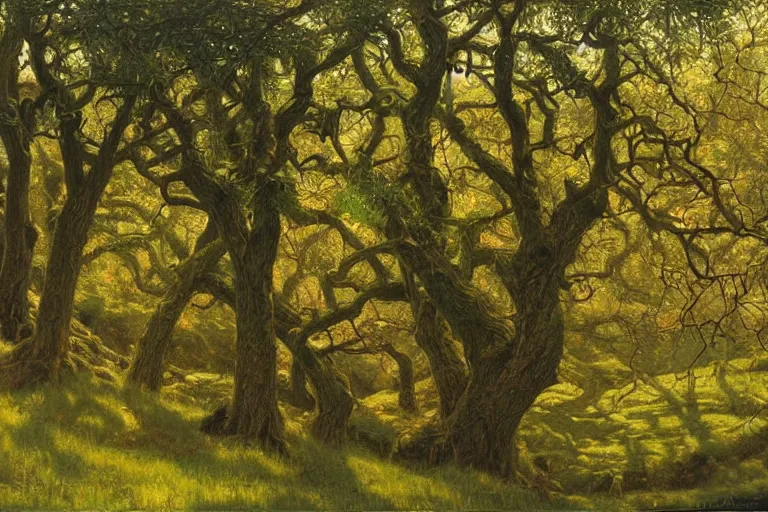 Image similar to masterpiece painting of oak trees on a hillside overlooking a creek, dramatic lighting, by donato giancola