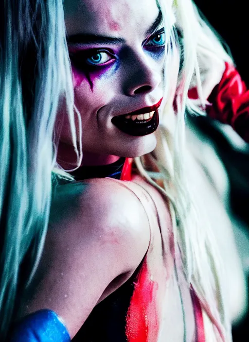 Prompt: 5 0 mm photo of beautiful suicide squad happy margot robbie with long white hair that looks like harley quinn standing on the wet street of dystopian gotham city at night, angry frown, seductive camisole, glamour fashion pose, watercolor, frank miller, moebius, jim lee, cinematic, ridley scott, lens flare, dramatic lighting, annie leibowitz