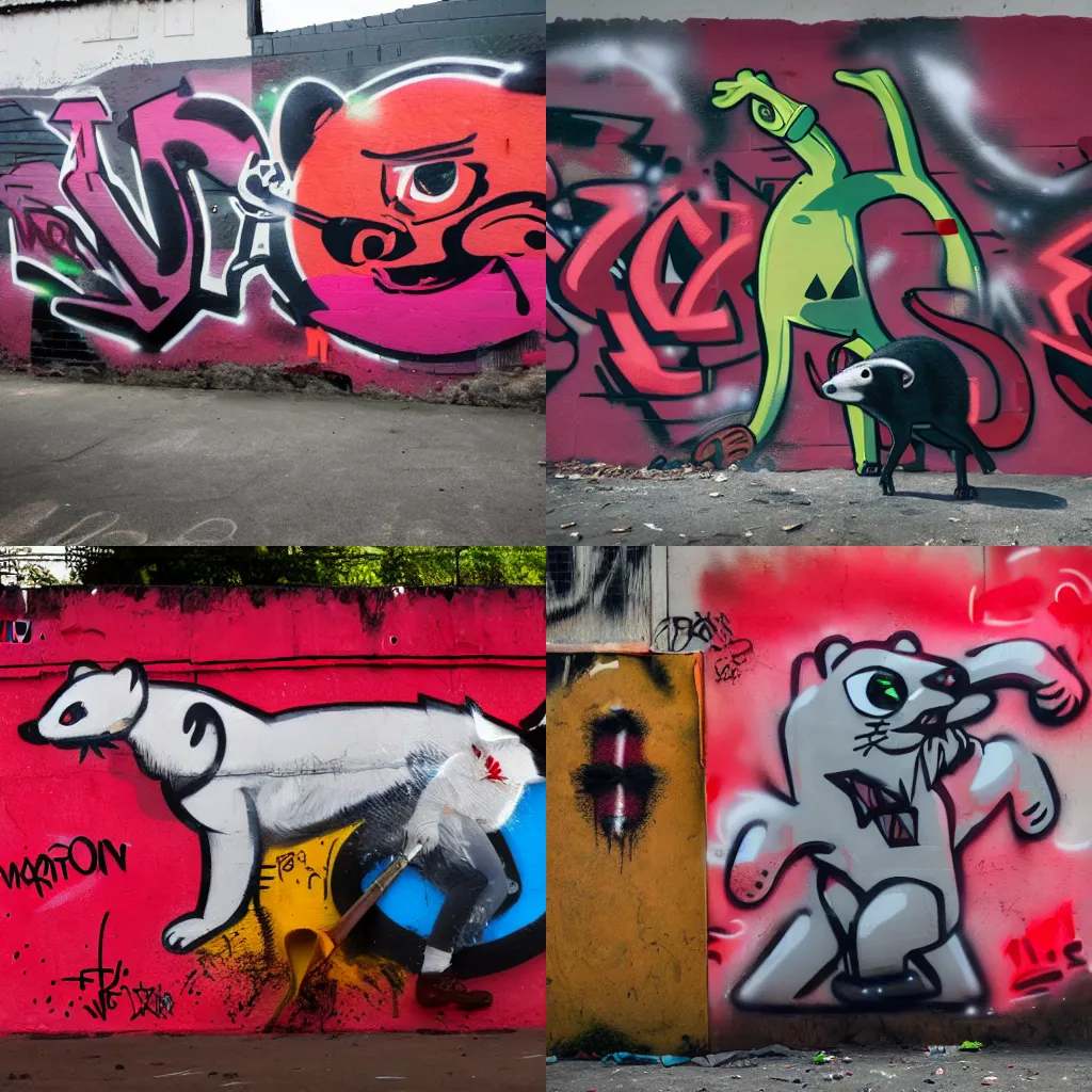 Prompt: photo ( far _ shot ), subject [ furry _ fandom _ fursona ( red _ and _ black, weasel - ferret - stoat, smoke _ background ) ], medium [ graffiti ( spray _ paint ), favela _ wall ]