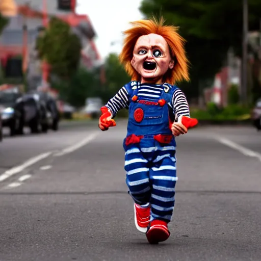 Image similar to chucky doll chasing himself down the street while screaming