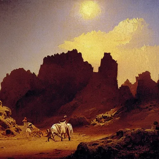 Prompt: desert explorer, intricate oil painting by carl spitzweg