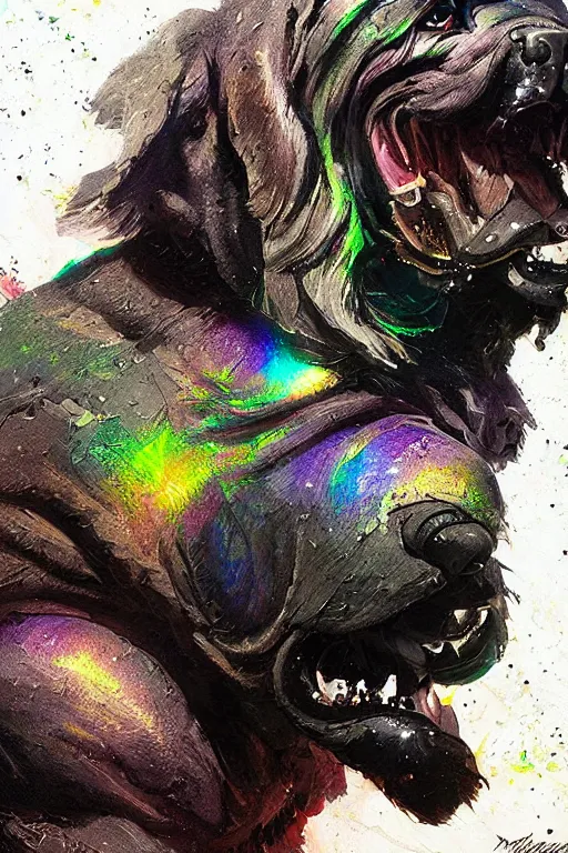 Image similar to inkacid shadow mastiff, painted by erol otus and david thierree and dan adkins and john berkey, trending on artstation, volumetric lighting macro view muted colors, iridescent colors, dark academia, symbolism, brushwork