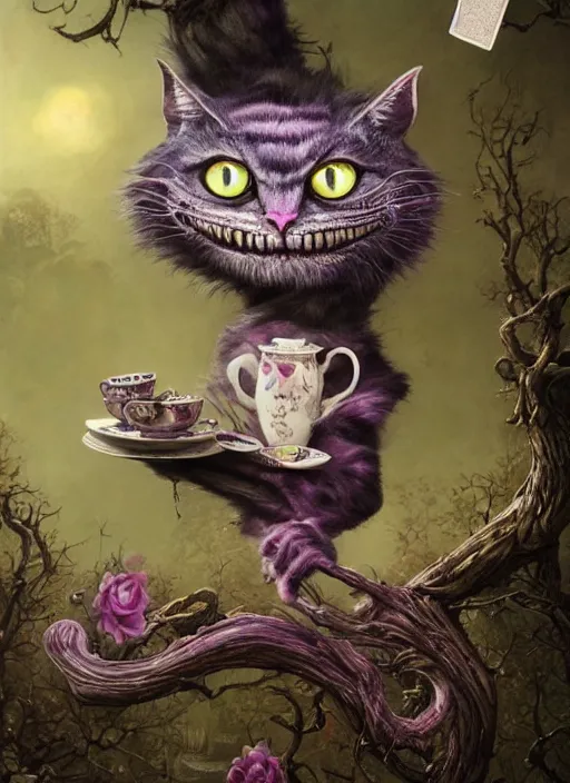 Prompt: Cheshire Cat having tea, Death Tarot card,highly detailed,half skull face,cinematic,8k,by Stanley Artgermm,Tom Bagshaw,Greg Rutkowski,Carne Griffiths, Ayami Kojima, Beksinski, Giger,trending on DeviantArt,hyper detailed,horror, full of colour