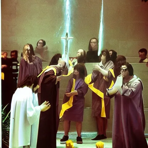 Image similar to alien in clerical robes dousing parishioners with holy water, top secret style, realistic photo, 1 9 7 0 s, color