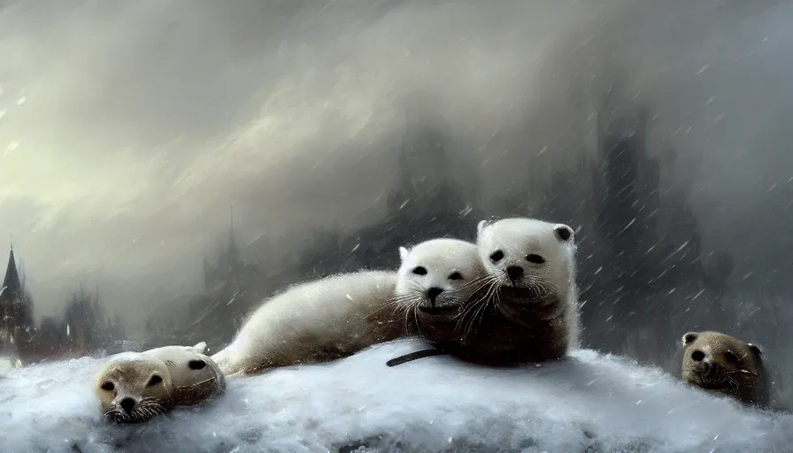 Image similar to highly detailed painting of cute furry white baby seals cuddled up in a cardboard box in a snowy cloudy sky castle by william turner, by greg rutkowski, by william constable, by greg tocchini, thick brush strokes and visible paint layers, 4 k resolution, retrowave colour scheme