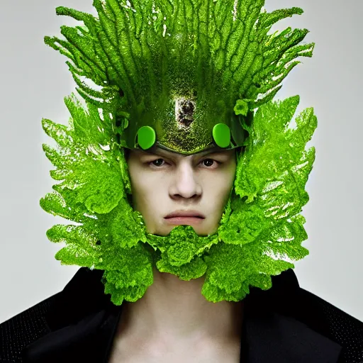Prompt: a portrait of a beautiful young male wearing an alexander mcqueen armor made of algae , photographed by andrew thomas huang, artistic