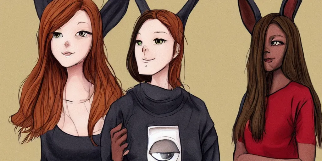 Image similar to women, dark skin, ginger, cartoon, sweatshirt, concept art, concept art, bunny ears,