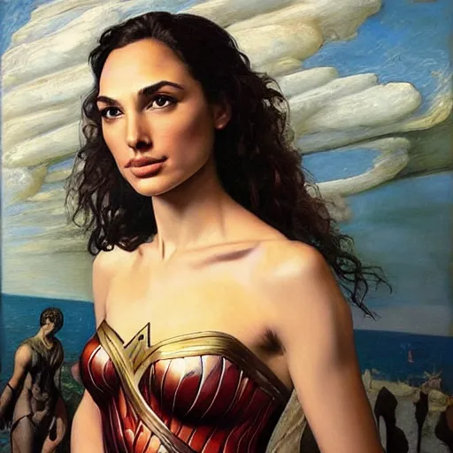 Image similar to Oil painting the beautiful woman Gal Gadot, she has withe old cloths, she is wearing surreal ornates, naturalism, dramatic lighting, high-detailed oil painting by Ilya Repin, Michelangelo da Caravaggio, William Blake, Alex Grey and Beksinski, trending on Artsatio, masterpiece, 4k, 8k,