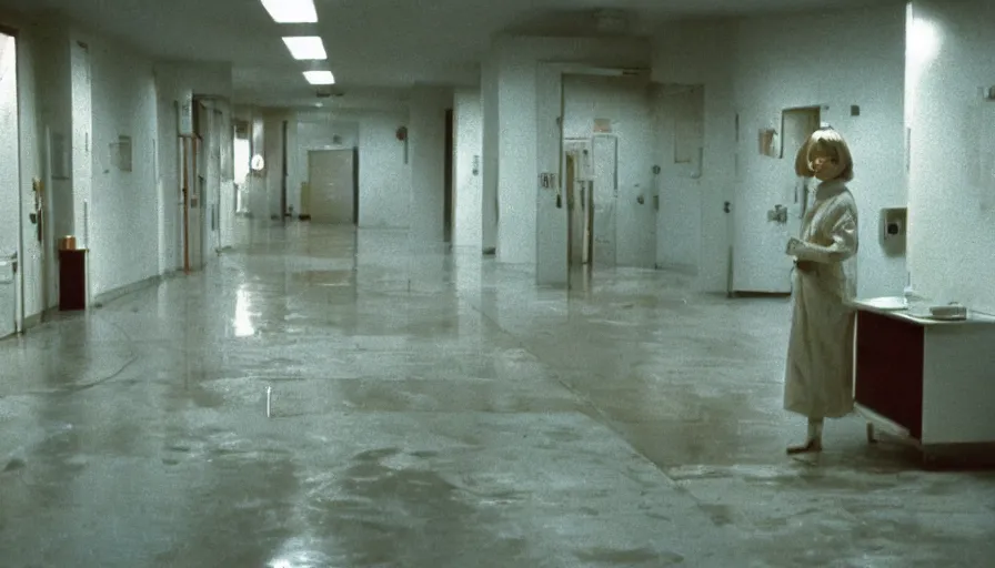 Image similar to 60s movie still of a white japanese female phantom bloody in an empty hospital with light yellow walls, eastmancolor, heavy grain, high quality, higly detailed, liminal space