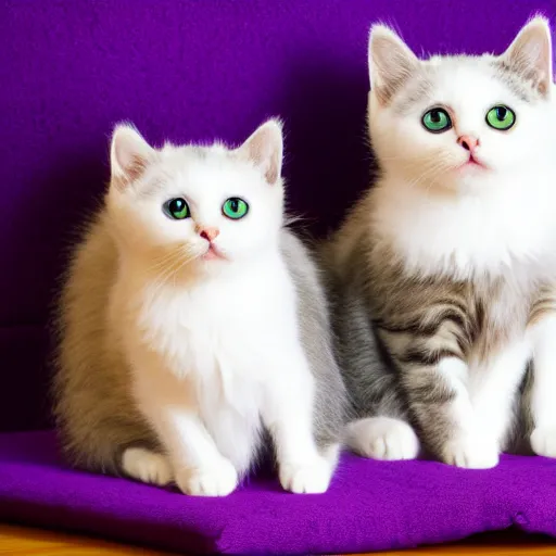 Prompt: kitties sitting on a purple pillow