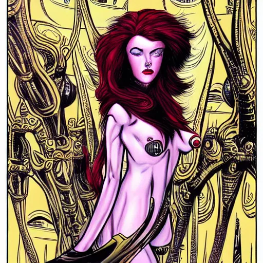 Prompt: a space goddess with red hair in style of milo manara, hr giger, jack kirby, art deco