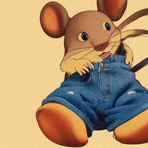 Image similar to in the style of studio ghibli, anthropomorphic mouse, female, wearing denim shorts and tank top, detailed, intricate, aesthetic, artistic, ambient occlusion, volumetric light effect, 8 k resolution