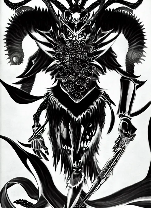 Image similar to shin megami tensei art of a demon called black volga, art by kazuma kaneko, demonic! compedium!, digital drawing, white background, high quality, highly detailed