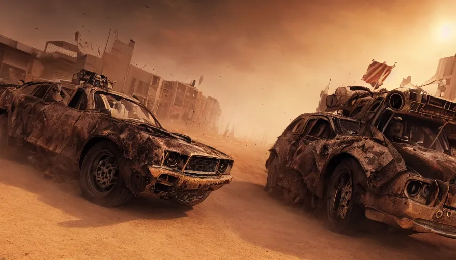 Prompt: destroyed brussels in mad max, race in the streets, sandstorm, lightning, hyperdetailed, artstation, cgsociety, 8 k