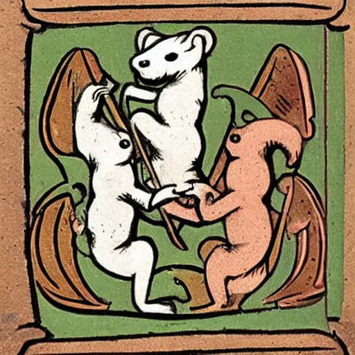 Prompt: a weasel and a ferret entwined, medieval coat of arms
