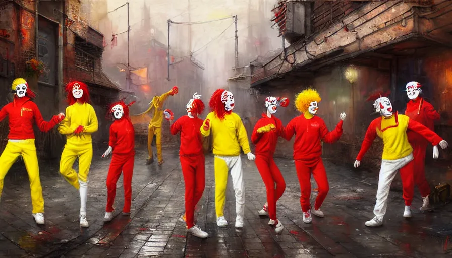 Prompt: highly detailed painting of a group of ronald mcdonalds with red afros, white facepaint, red noses and yellow tracksuits dancing in a cyberpunk alleyway by william turner, by greg rutkowski, by william constable, thick brush strokes and visible paint layers, 4 k resolution, retrowave colour scheme