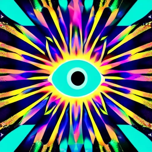 Image similar to a glowing colorful minimal elegant crown sitting on a table with one large beautiful eye on top of it like a jewel, one black pupil in the eye, shining stars on top of the crown, night time, vast cosmos, geometric light rays exploding outwards into stars, bold black lines, flat colors, minimal psychedelic 1 9 5 0 s poster illustration