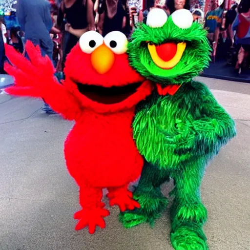 Prompt: selfie of elmo out clubbing with big bird and oscar the grouch