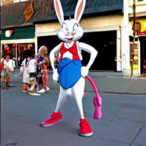 Prompt: bugs bunny 2040s street performer