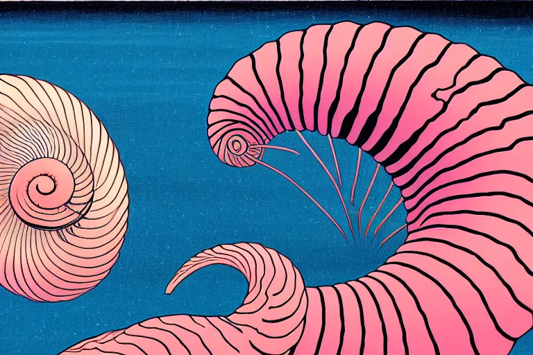 Image similar to ukiyoe painting of in a cambrian era ocean swims a nautilus above pink sand, trending on artstation