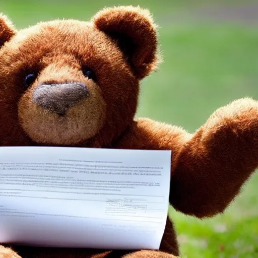 Image similar to teddy bear looking at his termination letter, screaming at it in silence,