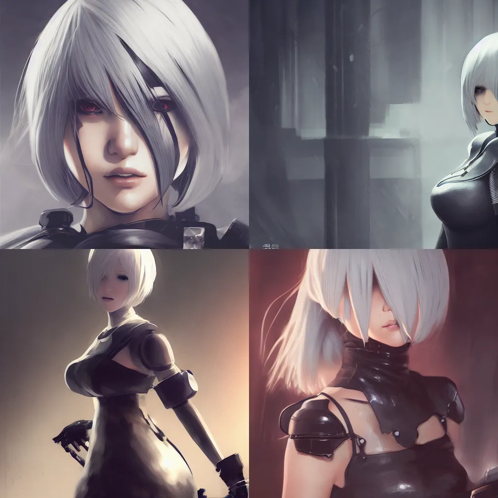 Prompt: portrait of 2b from nier automata, featured on art station by Greg Rutkowski, HD, 8K, highly detailed, good lighting