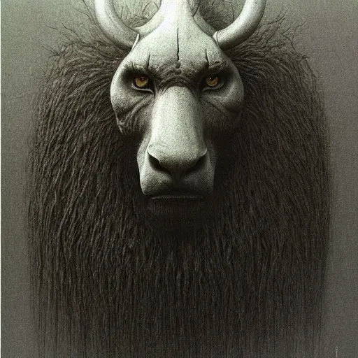 Prompt: a creature with the body and eyes of a man, with the beak of an eagle, the mane of a lion, and the horns of an ox. drawn by zdzislaw beksinski