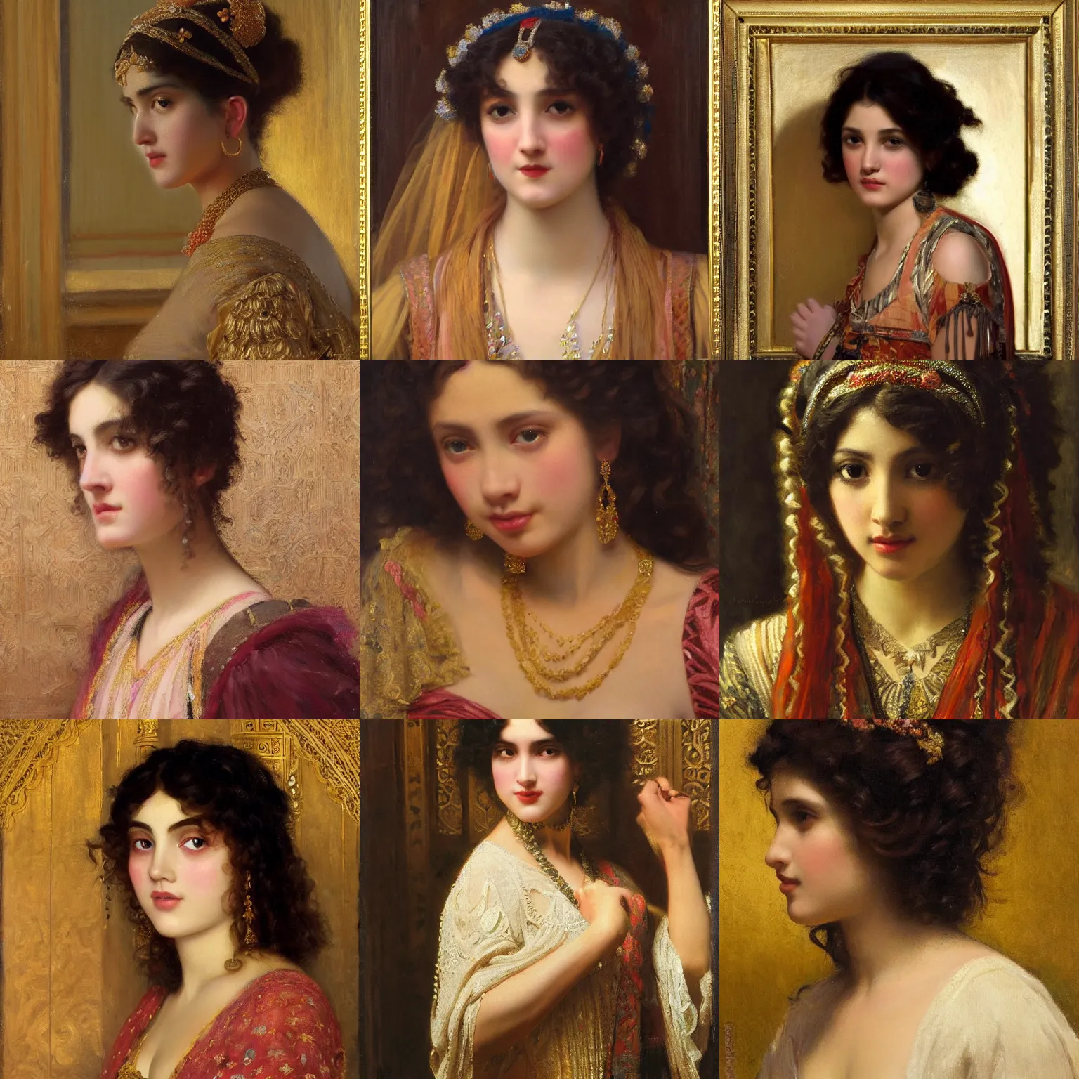 Prompt: orientalism painting of a cute woman in a palace bangs fringe curly hair face detail by edwin longsden long and theodore ralli and nasreddine dinet and adam styka, masterful intricate art. oil on canvas, excellent lighting, high detail 8 k