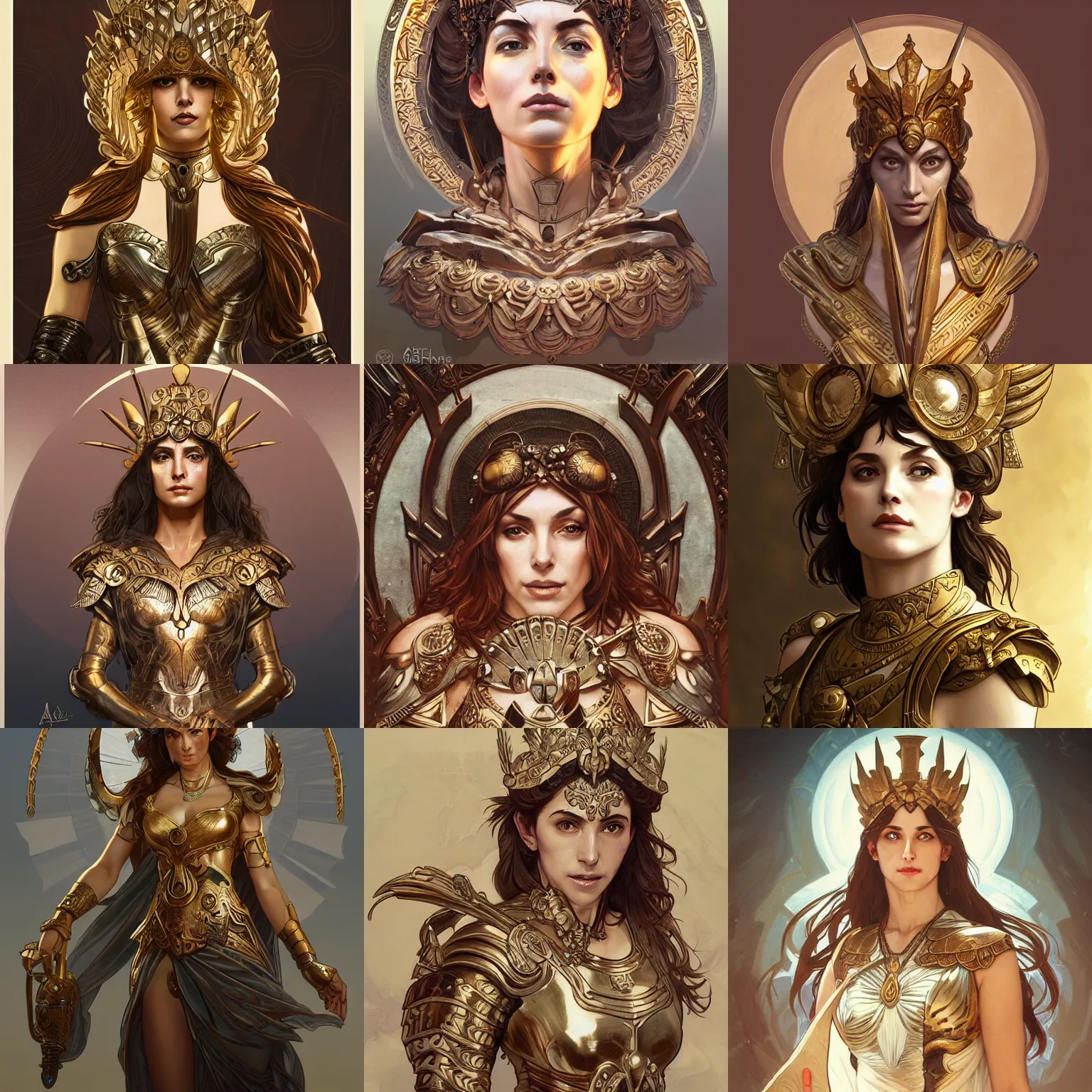 Prompt: athena, greek goddess, claudia black, art by artgerm and greg rutkowski and alphonse mucha, bronze greek armor, owl crown, d & d, fantasy, intricate, portrait, highly detailed, headshot, digital painting, trending on artstation, concept art, sharp focus, illustration