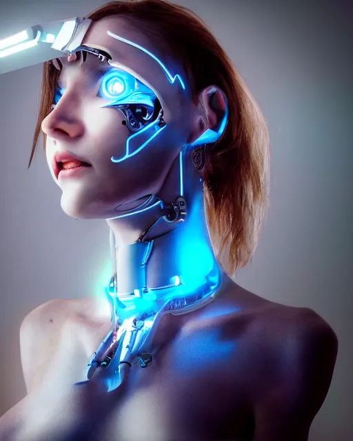 Image similar to photo of dreamy female as a solarpunk cyborg with fluorescent lamps over face, robotic body parts around neck, real human face with skin, ultra - realistic and detailed, long exposure, soft focus hdr 8 k