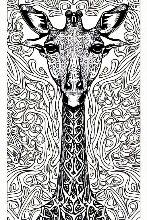 Image similar to giraffe ornate luxury fractal ink drawing line art colouring page, vector, margins, fine lines, centered