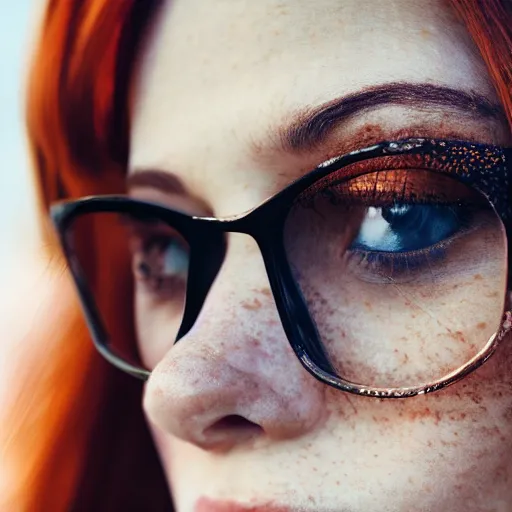 Prompt: close up portrait photo of a real beauty redhead freckles, glasses, 8k,