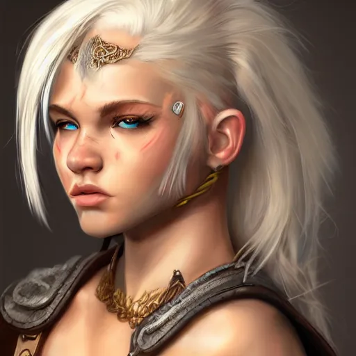 Prompt: stunning russian barbarian fighter teenager with platinum blonde hair, HD, D&D 4k, 8k, incredibly detailed, intricate, masterpiece, digital illustration, trending on artstation, character design, concept art