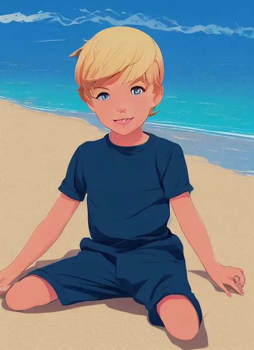 Image similar to a little boy with tousled blonde hair and blue eyes sitting on the beach. clean cel shaded vector art. shutterstock. behance hd by lois van baarle, artgerm, helen huang, by makoto shinkai and ilya kuvshinov, rossdraws, illustration, art by ilya kuvshinov