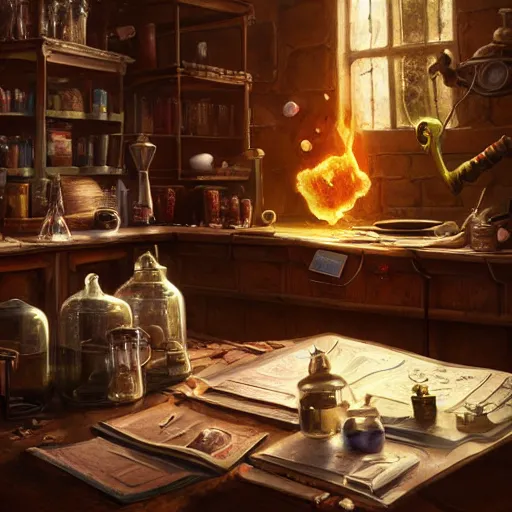 Prompt: hyper real, table, wizards laboratory, lisa parker, tony sart, mortar, pestle, scales with magic powder, energy flowing, magic book, beakers of colored liquid, greg rutkowski