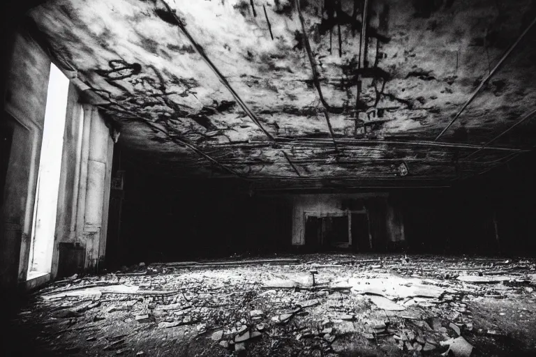 Image similar to photography of inside of an abandoned old opera fitlh and grim apex, creepy, dark atmosphere, ray of sun from the rooftop, wide angle, 1 6 mm lens fujifilm, grainy film