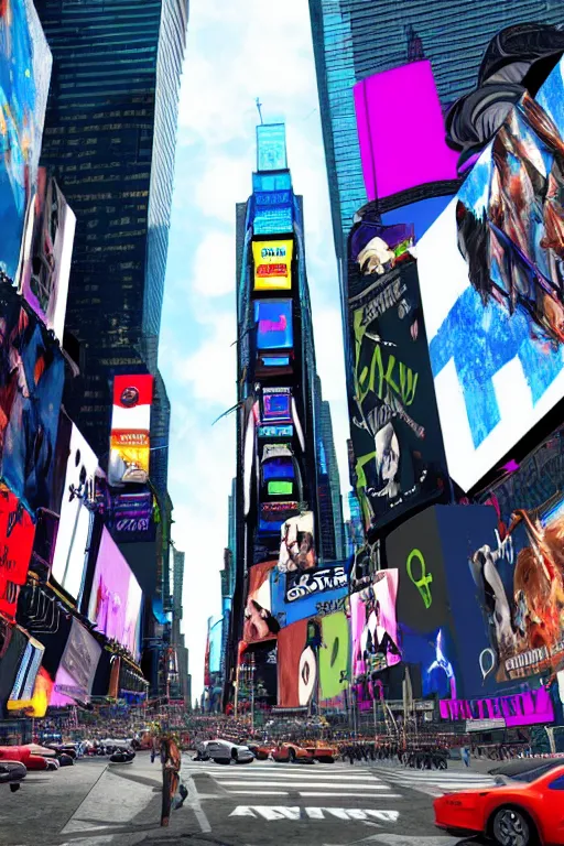 Image similar to times square in the style of horizon zero dawn