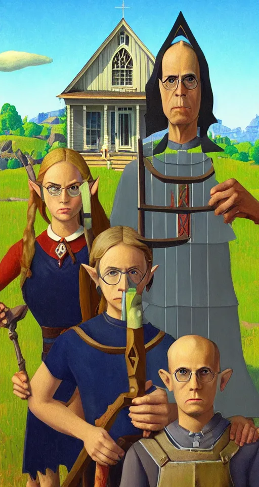 Image similar to american gothic by grant wood in the style of Legend of Zelda: Breath of the wild