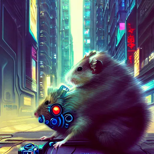 Prompt: A cyberpunk hamster cyborg on the street of a cyberpunk city, sci-fi, fantasy, intricate, very very beautiful, elegant, highly detailed, digital painting, artstation, concept art, smooth, sharp focus, illustration, art by artgerm and greg rutkowski and alphonse mucha