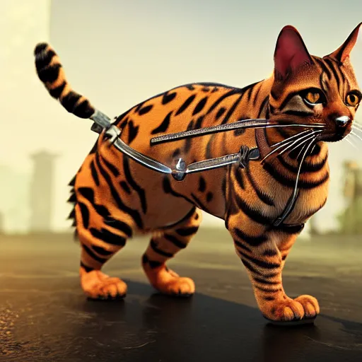 Prompt: a bengal cat with a weapons harness, unreal engine, highly detailed, artstation, elegant