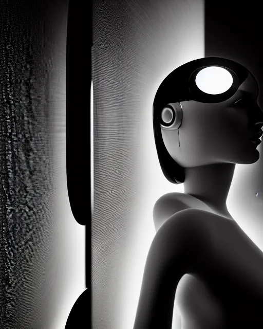 Prompt: black and white high quality photo of a female AI-queen-dragon-meshes-mannequin-cyborg looking into a sci-fi mirror, volumetric lighting, brutalism, foggy, dreamy, hyperdetailed, bokeh, photorealistic, cinematic, masterpiece, elegant, dark, by Man Ray in the style of Horst P. Horst, octane render, 8K,