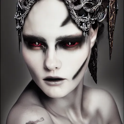 Image similar to a portrait of female model by stefan geselle and nekro borja, photorealistic, intricate details, hyper realistic, dark fantasy, ornate headpiece, dark beauty, photorealistic, canon r 3, photography, wide shot, photography, dark beauty, symmetrical features, unreal engine