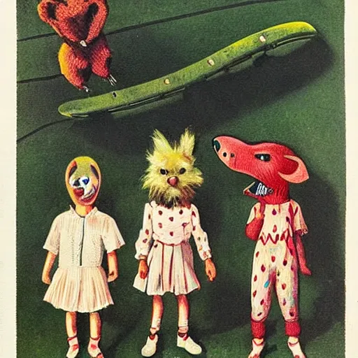 Prompt: vintage artwork of children on a playground wearing different animal masks,