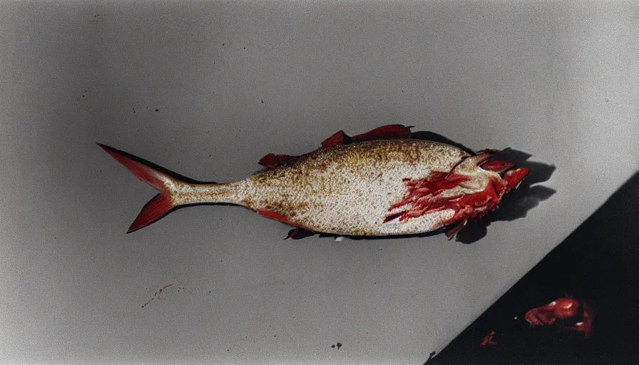 Image similar to 5 0 s movie still of a bloody fish in a hospital with yellow wall, cinestill 8 0 0 t 3 5 mm technicolor, heavy grain, high quality, high detail