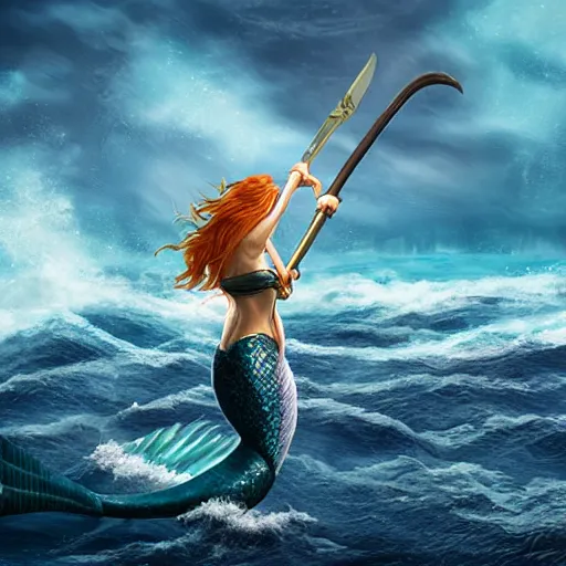 Prompt: A mythical mermaid warrior wielding her sword and shield in the middle of the ocean with a storm in the background, with a blue atmosphere