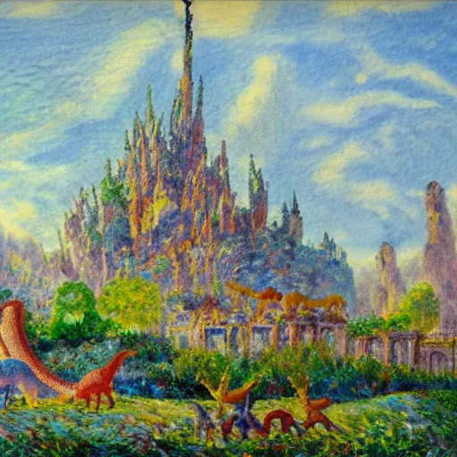 Image similar to impressionist painting of a utopian stone city with dinosaurs