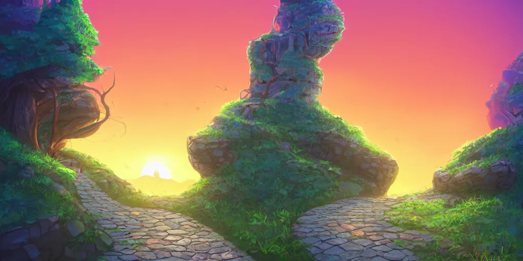 Prompt: a lonely cobblestone street with a tree on a cliff over the sea at sunset, brightly illuminated by rays of sun, artstation, colorful peter chan illustration, day of the tentacle style, low camera angle